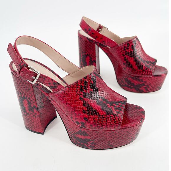 Miu Miu Red Black Snakeskin Embossed Leather Platform Block Heel Sandals IT 40 - Picture 1 of 13